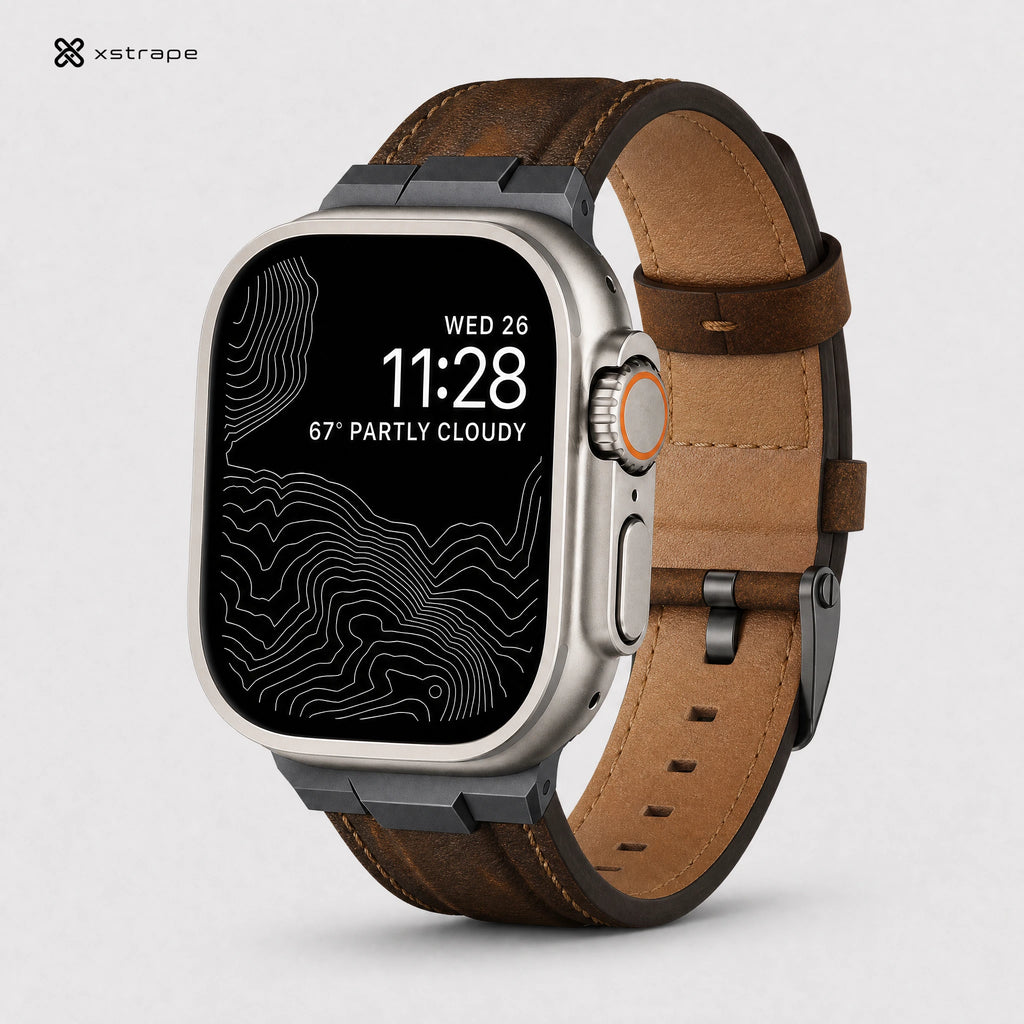 xstrape Rugged Brown Leather Apple Watch Ultra Band with Protective Metal Case
