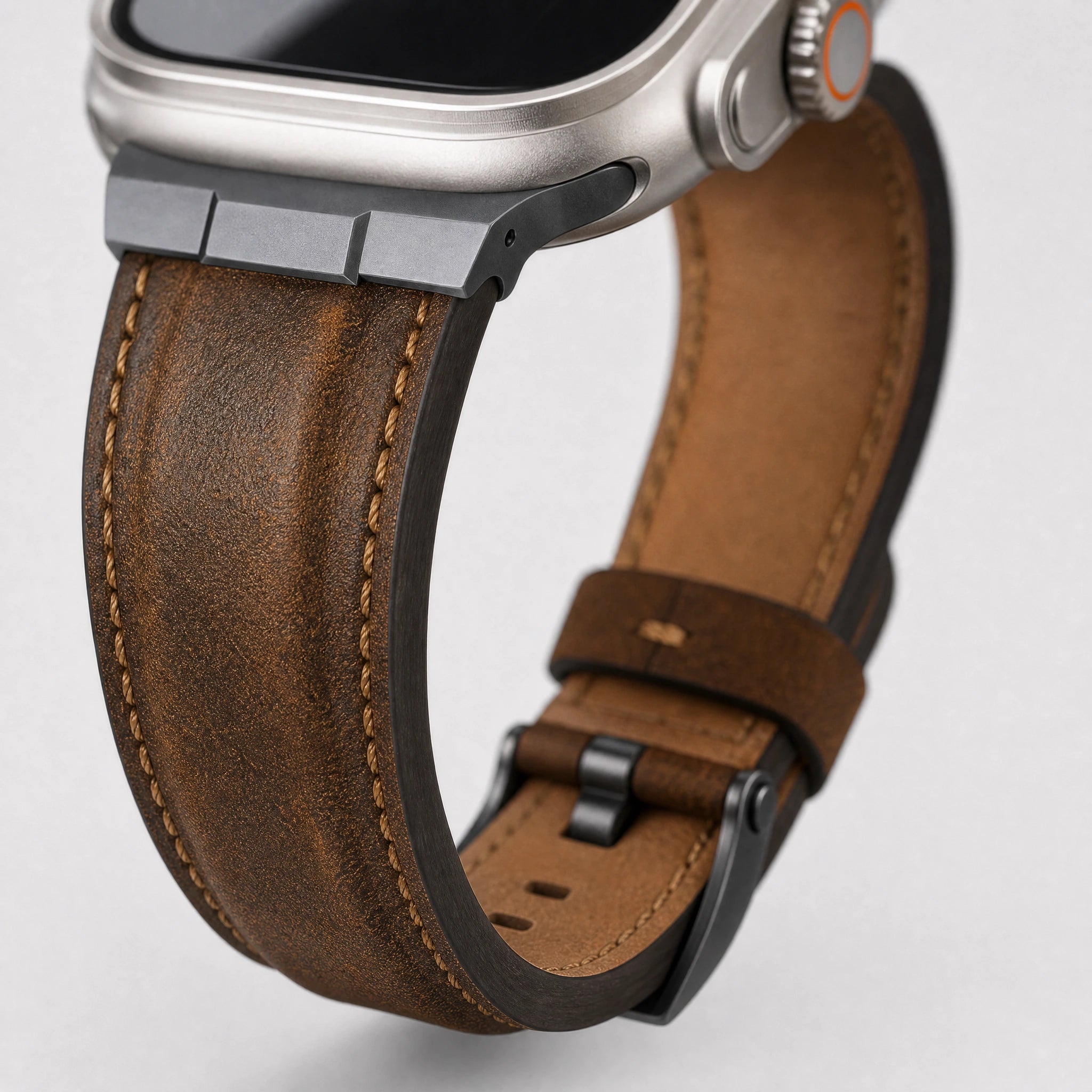 xstrape Rugged Brown Leather Apple Watch Ultra Band with Protective Metal Case
