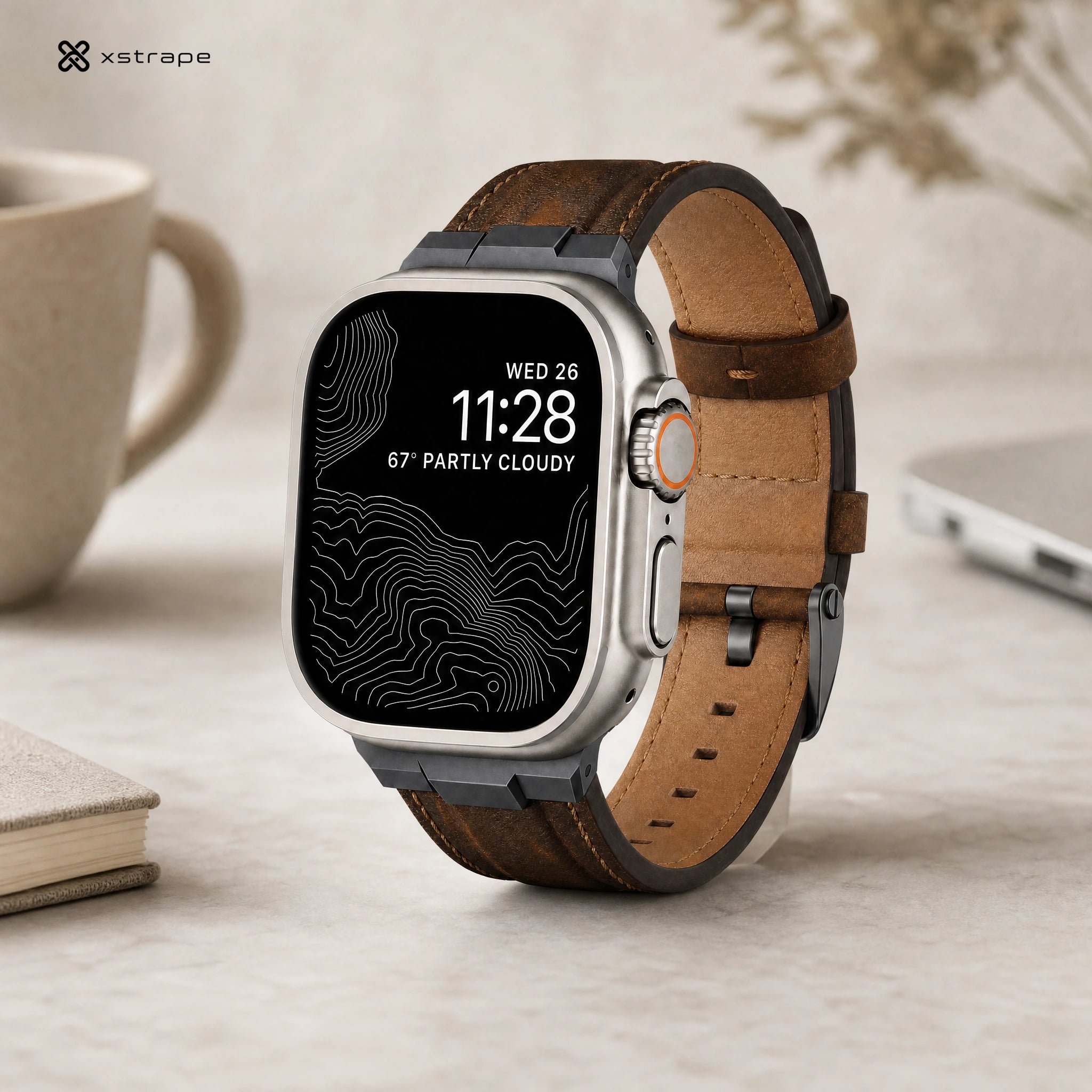 xstrape Rugged Brown Leather Apple Watch Ultra Band with Protective Metal Case