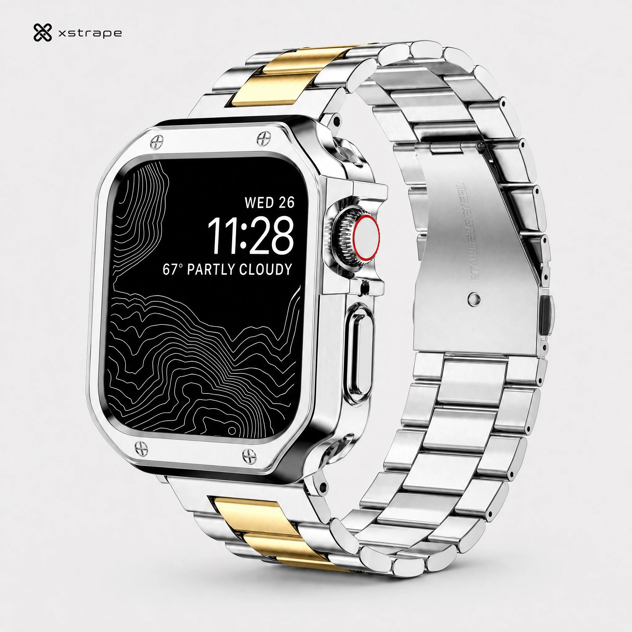 xstrape Luxury Stainless Steel Apple Watch Band with Rugged Metal Case - Silver & Gold