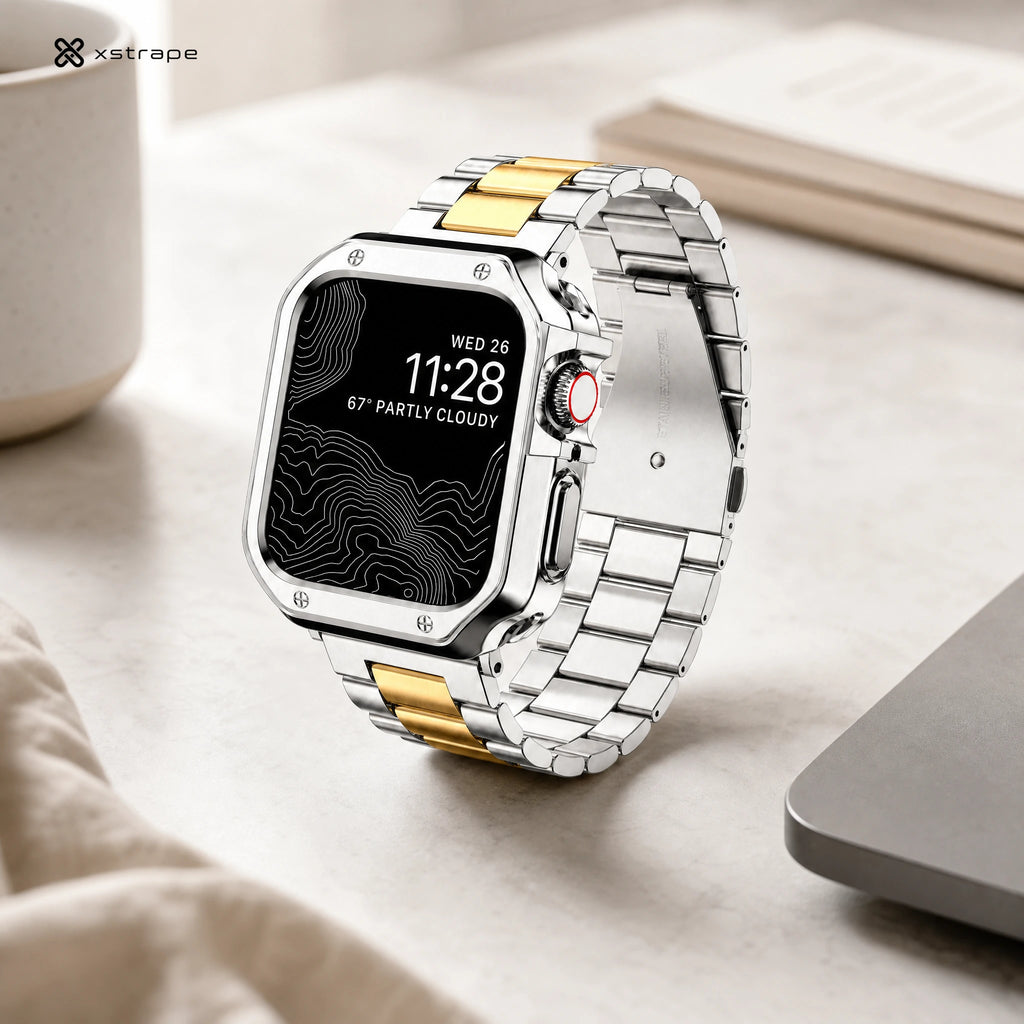 xstrape Luxury Stainless Steel Apple Watch Band with Rugged Metal Case - Silver & Gold