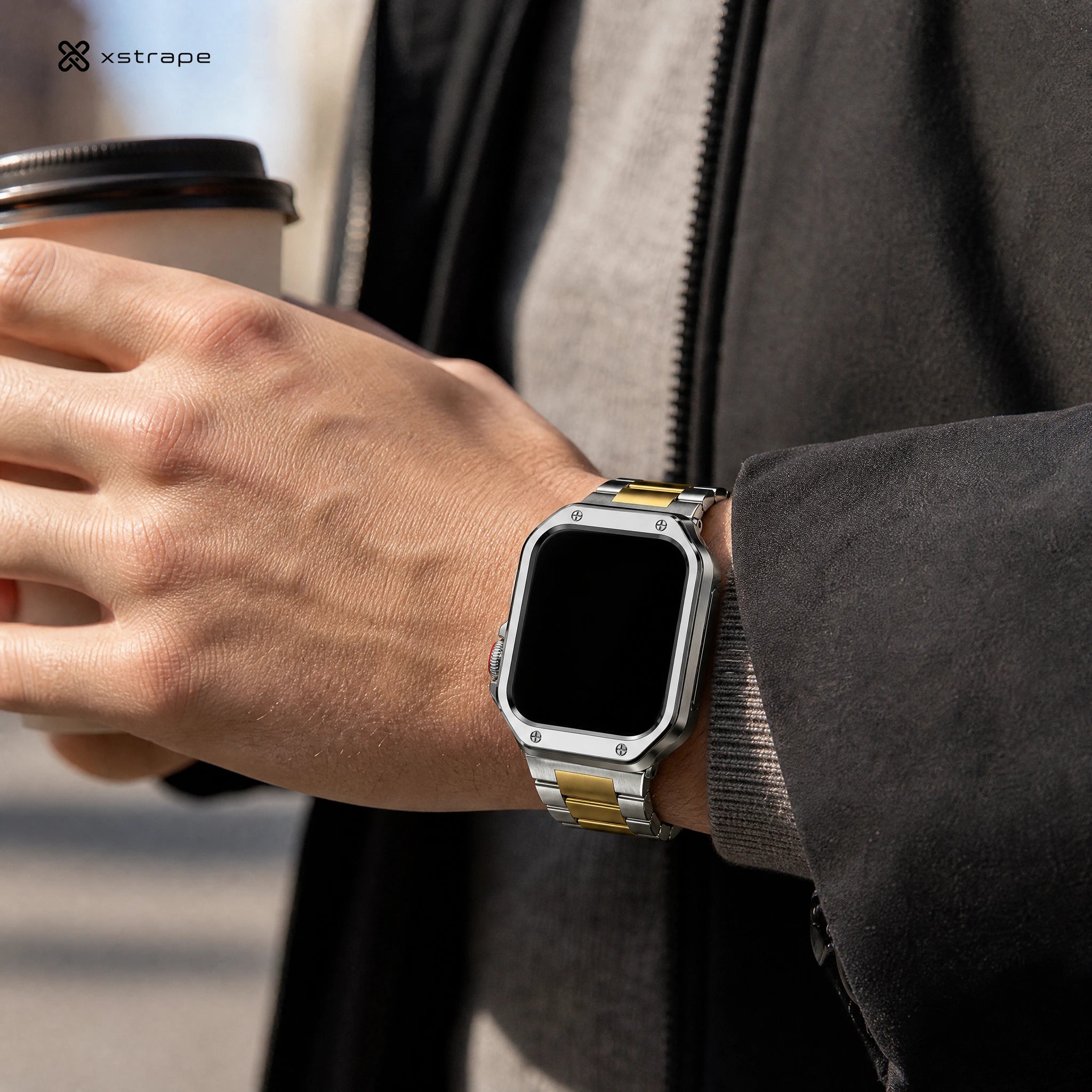 xstrape Luxury Stainless Steel Apple Watch Band with Rugged Metal Case - Silver & Gold