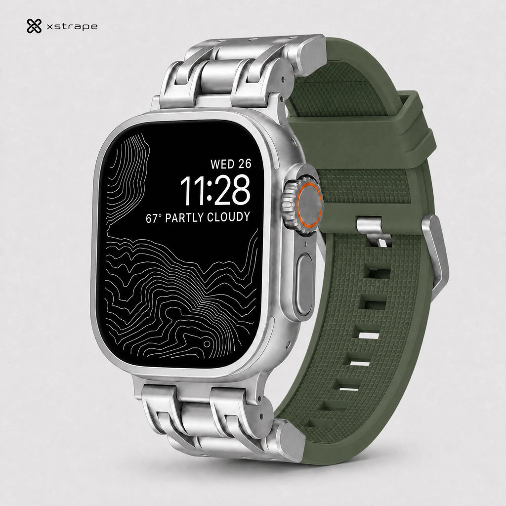 xstrape Rugged Titanium-Style Apple Watch Case with Olive Green Silicone Sport Band