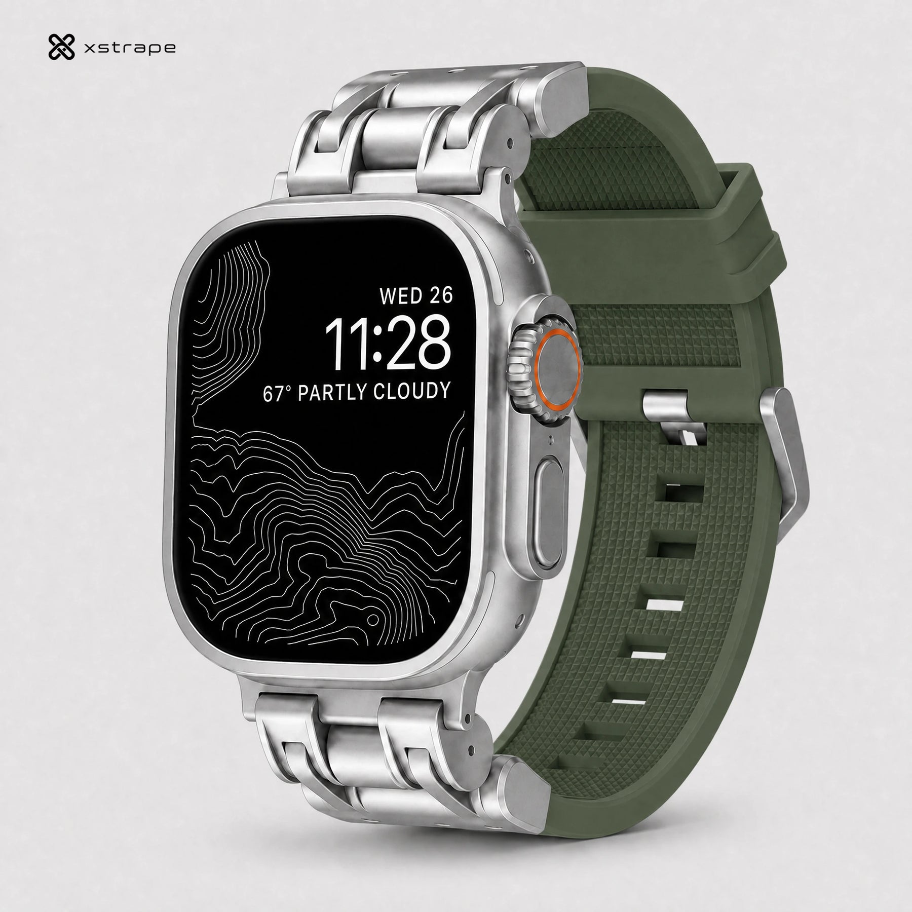 xstrape Rugged Titanium-Style Apple Watch Case with Olive Green Silicone Sport Band