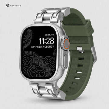 xstrape Rugged Titanium-Style Apple Watch Case with Olive Green Silicone Sport Band