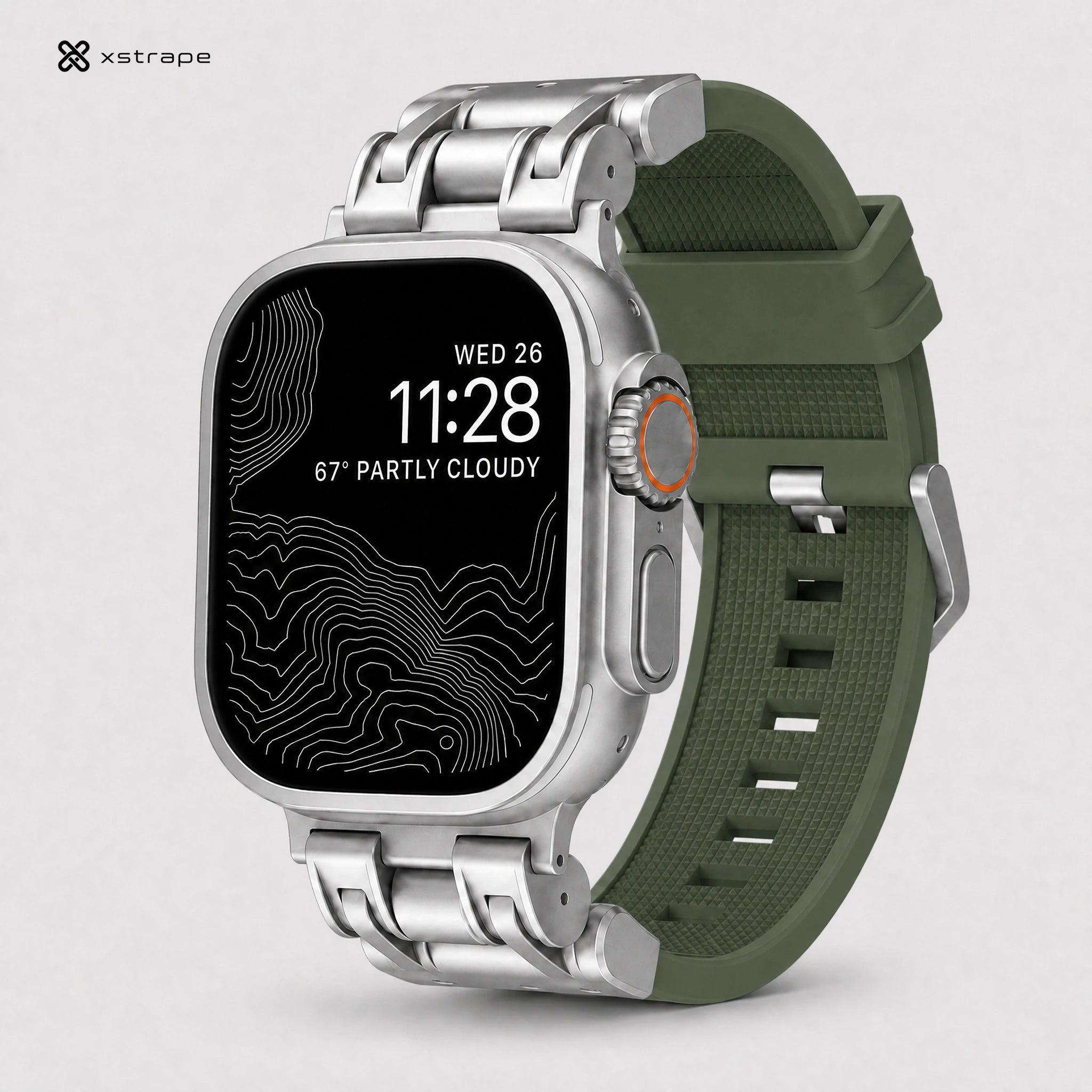 xstrape Rugged Titanium-Style Apple Watch Case with Olive Green Silicone Sport Band
