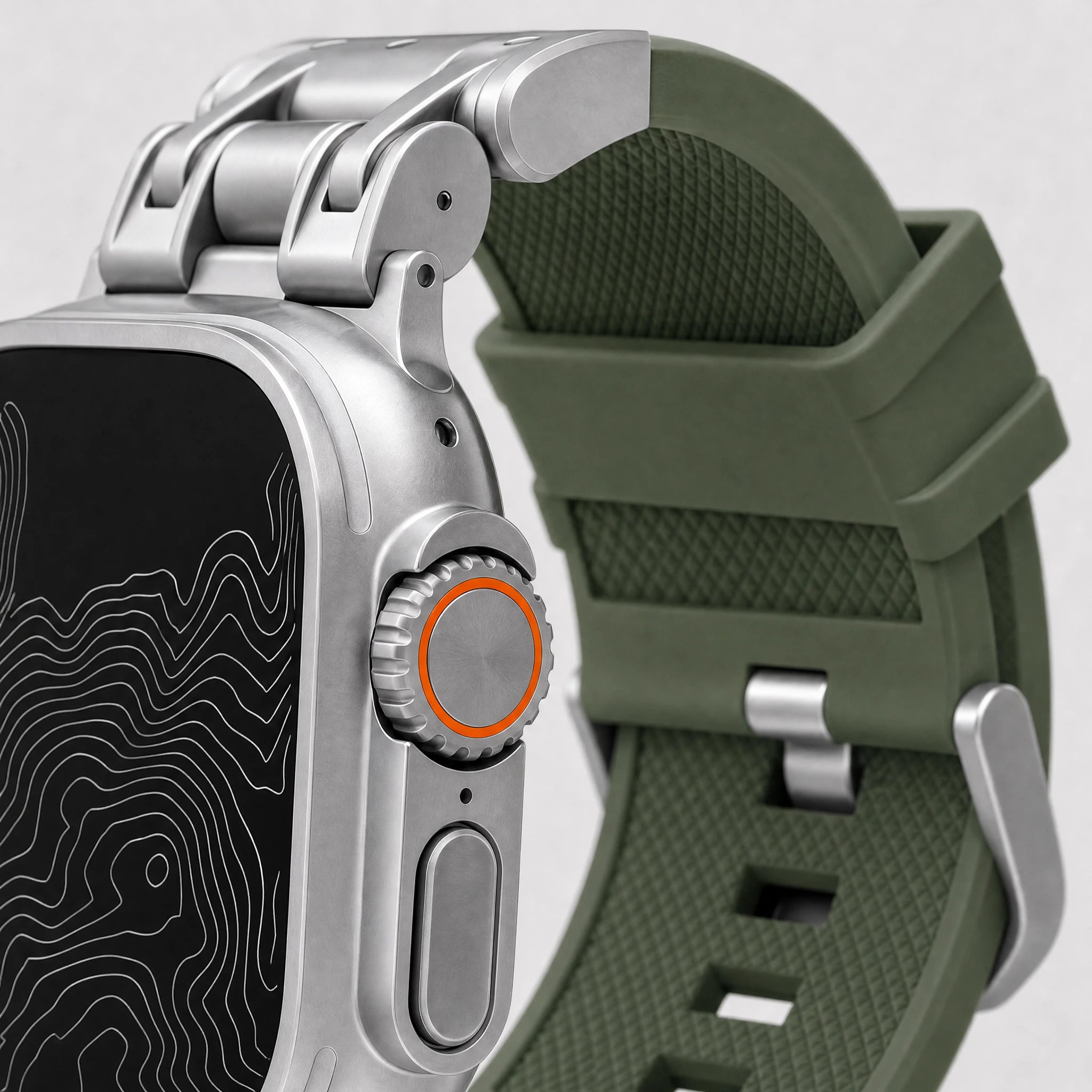 xstrape Rugged Titanium-Style Apple Watch Case with Olive Green Silicone Sport Band