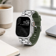 xstrape Rugged Titanium-Style Apple Watch Case with Olive Green Silicone Sport Band