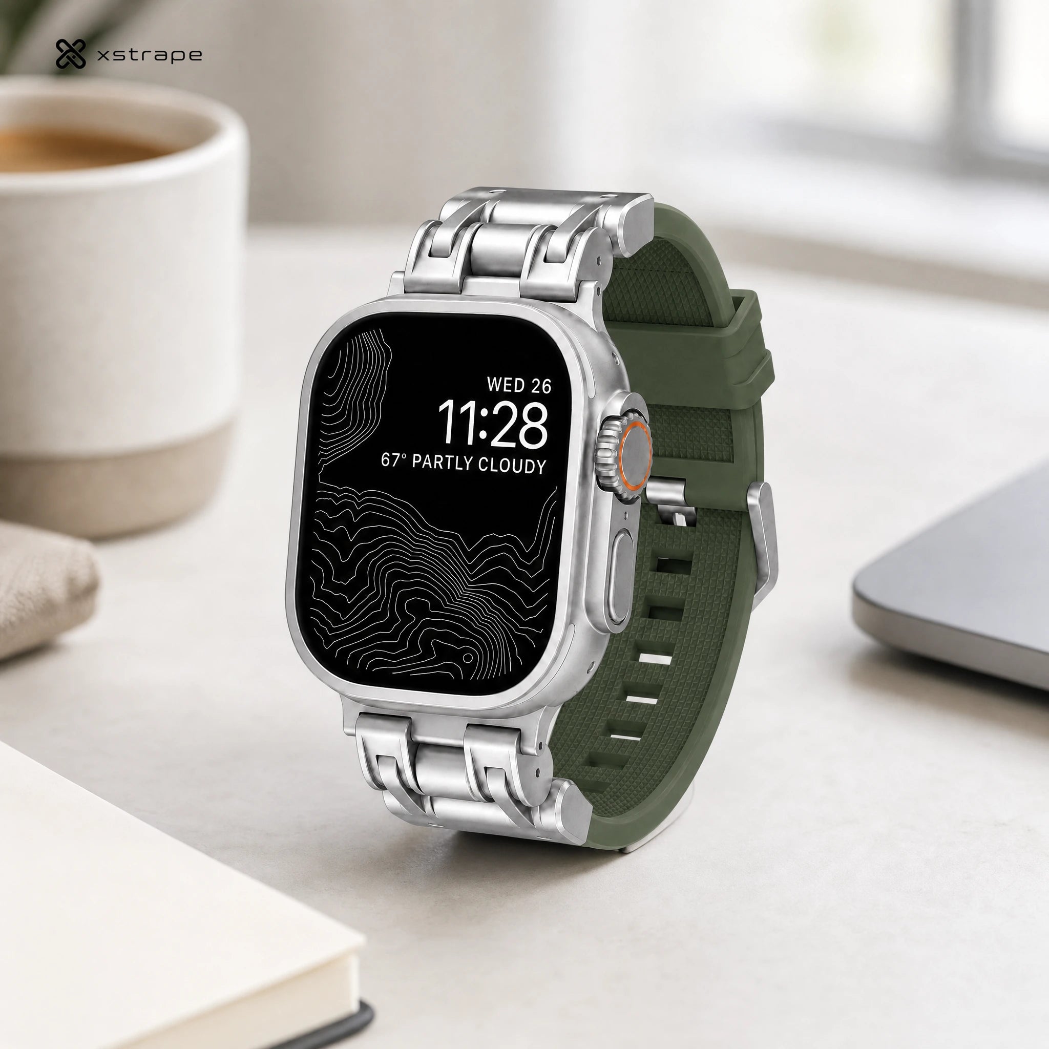 xstrape Rugged Titanium-Style Apple Watch Case with Olive Green Silicone Sport Band