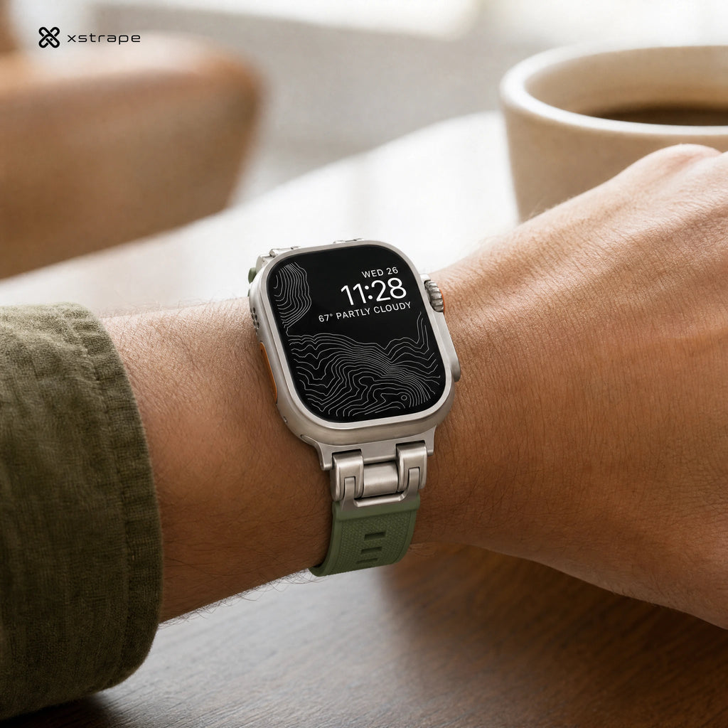 xstrape Rugged Titanium-Style Apple Watch Case with Olive Green Silicone Sport Band