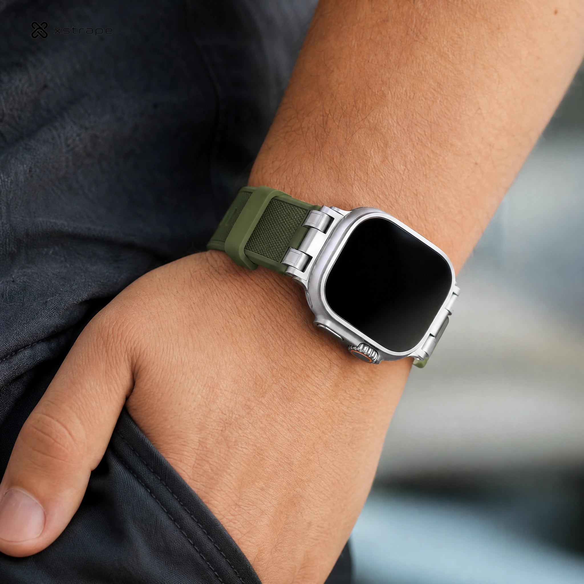 xstrape Rugged Titanium-Style Apple Watch Case with Olive Green Silicone Sport Band