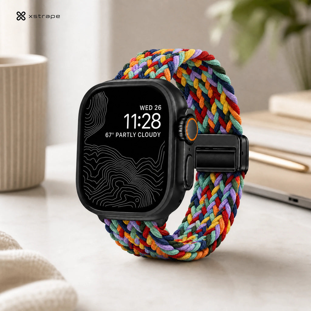 xstrape Rainbow Braided Apple Watch Band - Stretchy Nylon Solo Loop Strap