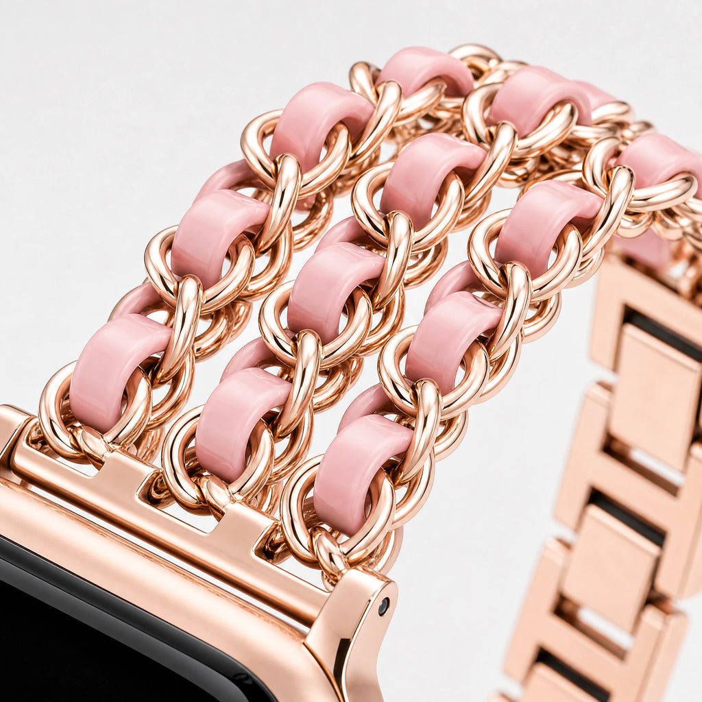 xstrape Rose Gold Charm Bracelet Apple Watch Band for Women with Pink Chain Links