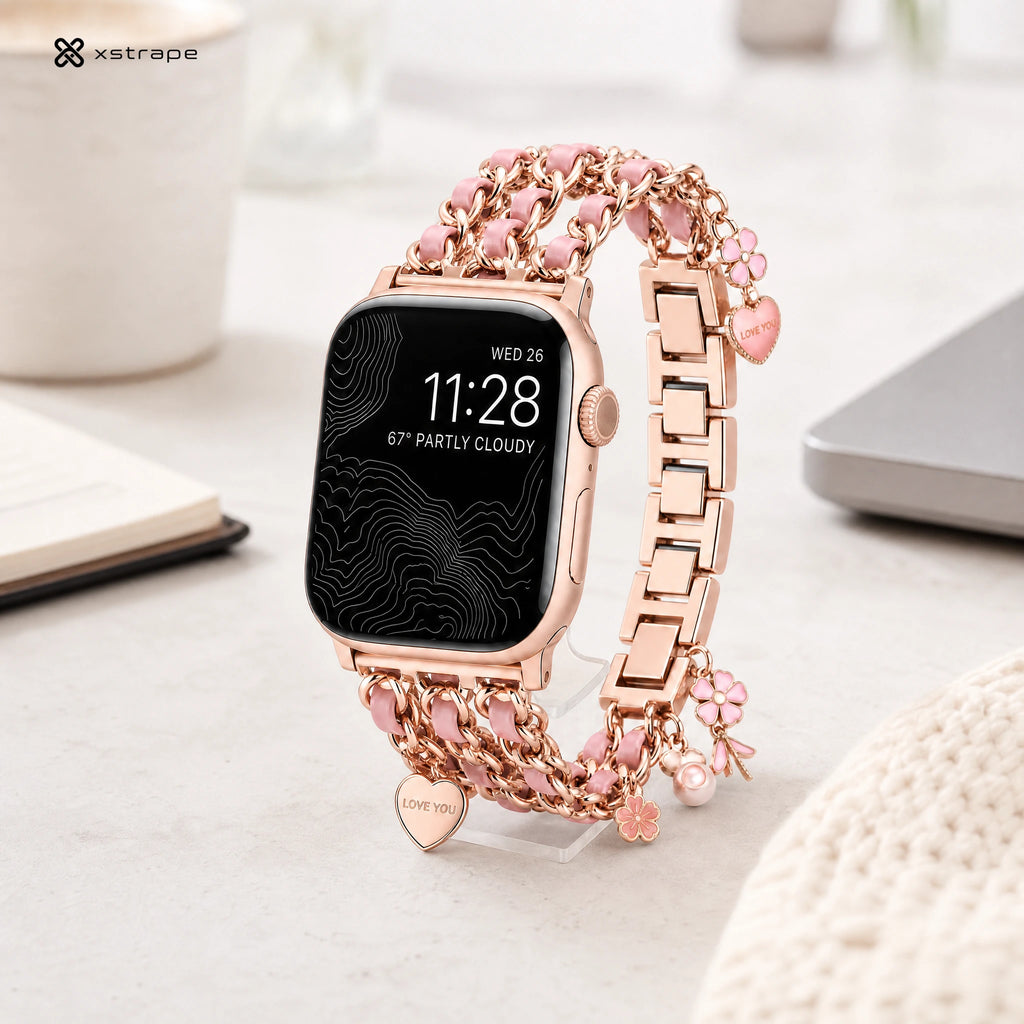xstrape Rose Gold Charm Bracelet Apple Watch Band for Women with Pink Chain Links