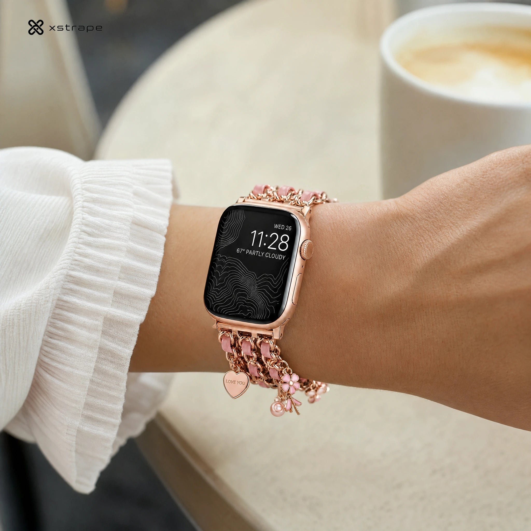 xstrape Rose Gold Charm Bracelet Apple Watch Band for Women with Pink Chain Links
