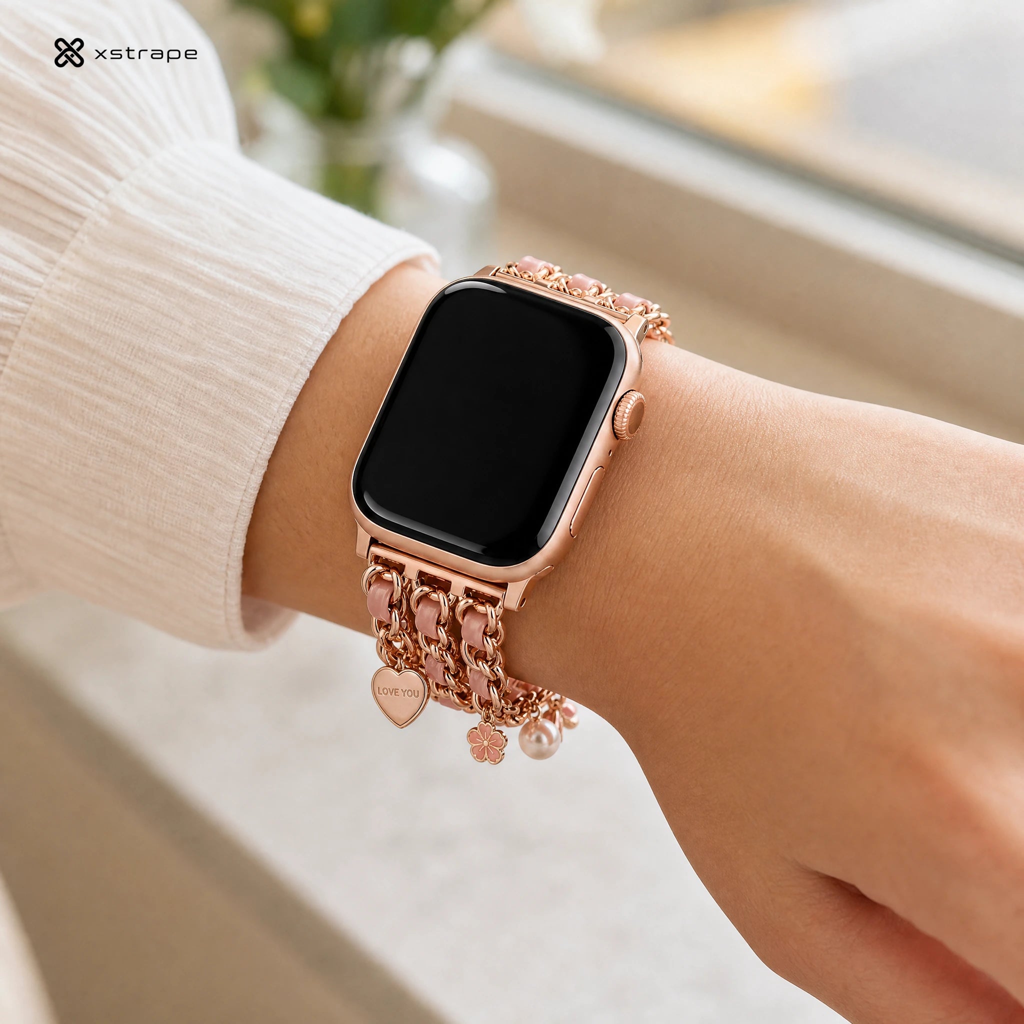 xstrape Rose Gold Charm Bracelet Apple Watch Band for Women with Pink Chain Links