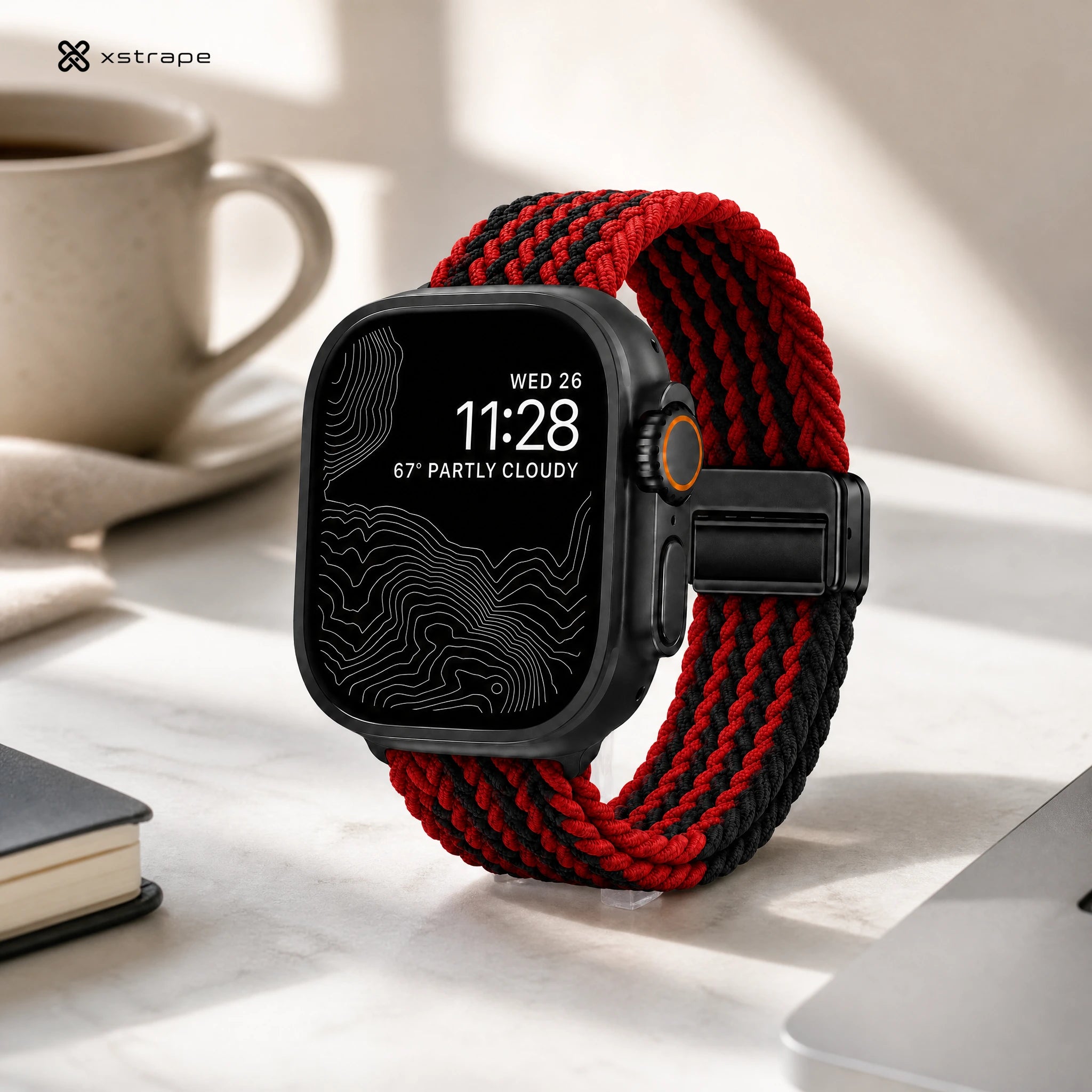 xstrape Red Black Braided Stretch Apple Watch Band for Ultra, Series 9, 8, 7, SE