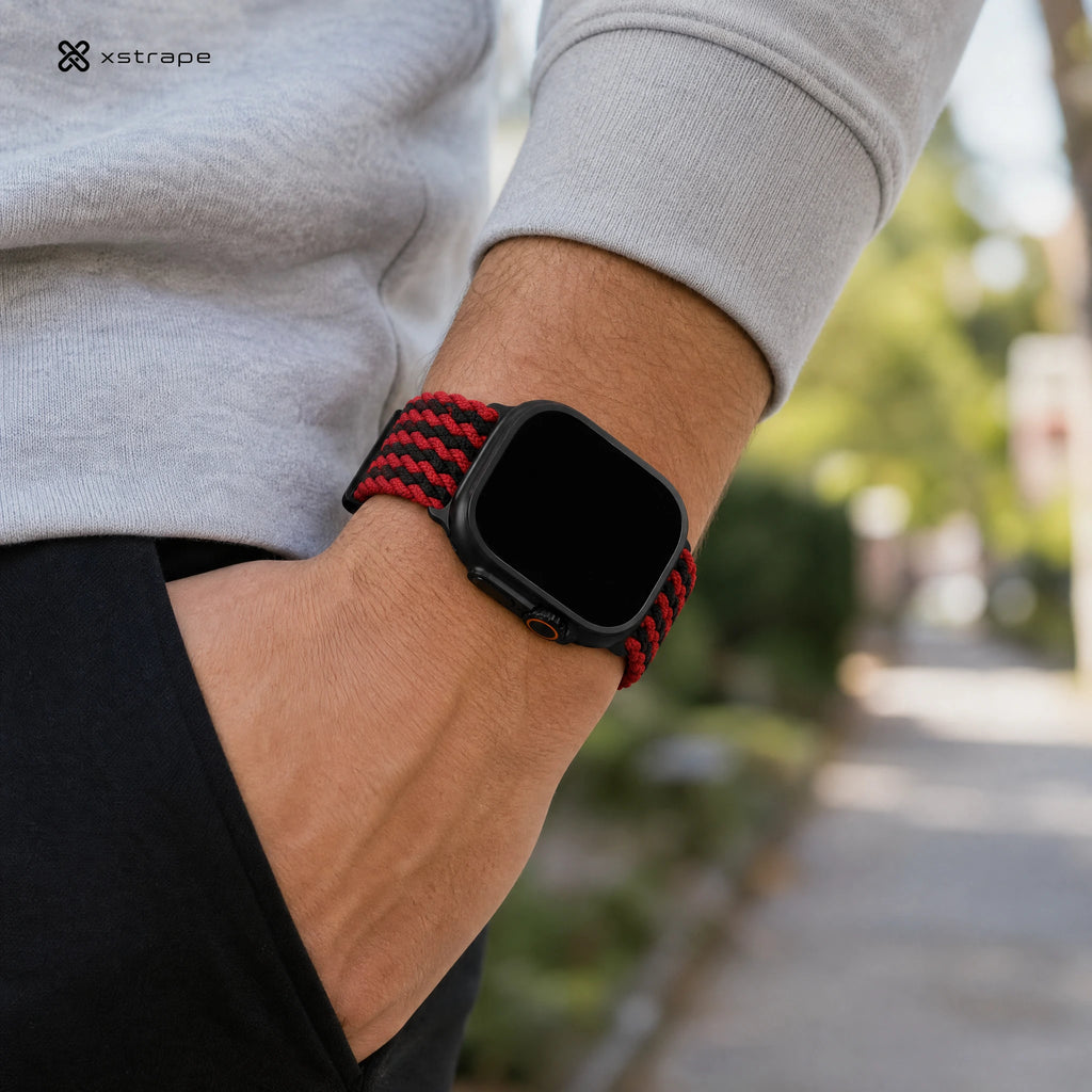 xstrape Red Black Braided Stretch Apple Watch Band for Ultra, Series 9, 8, 7, SE