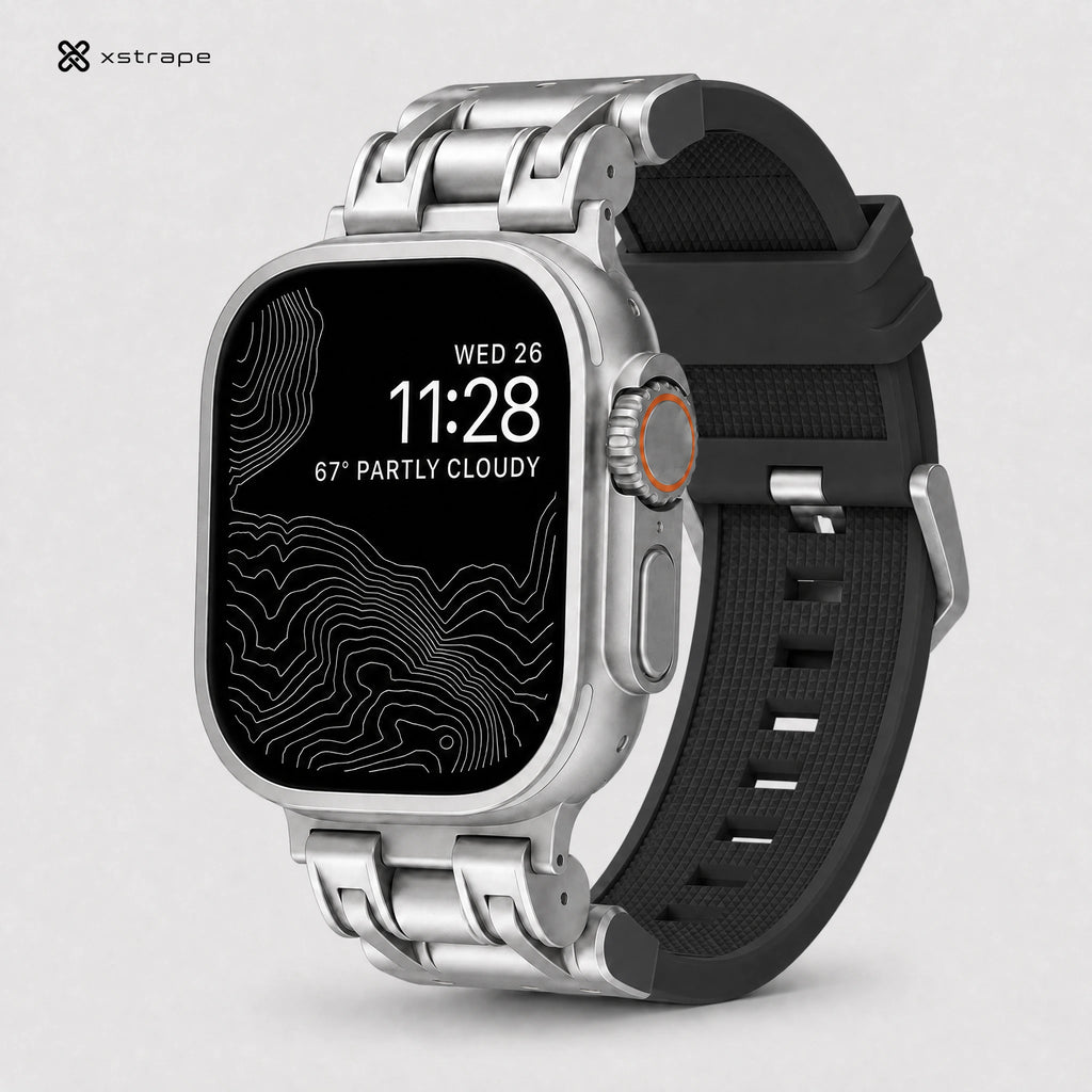 xstrape Rugged Metal Apple Watch Ultra Band with Black Silicone Strap