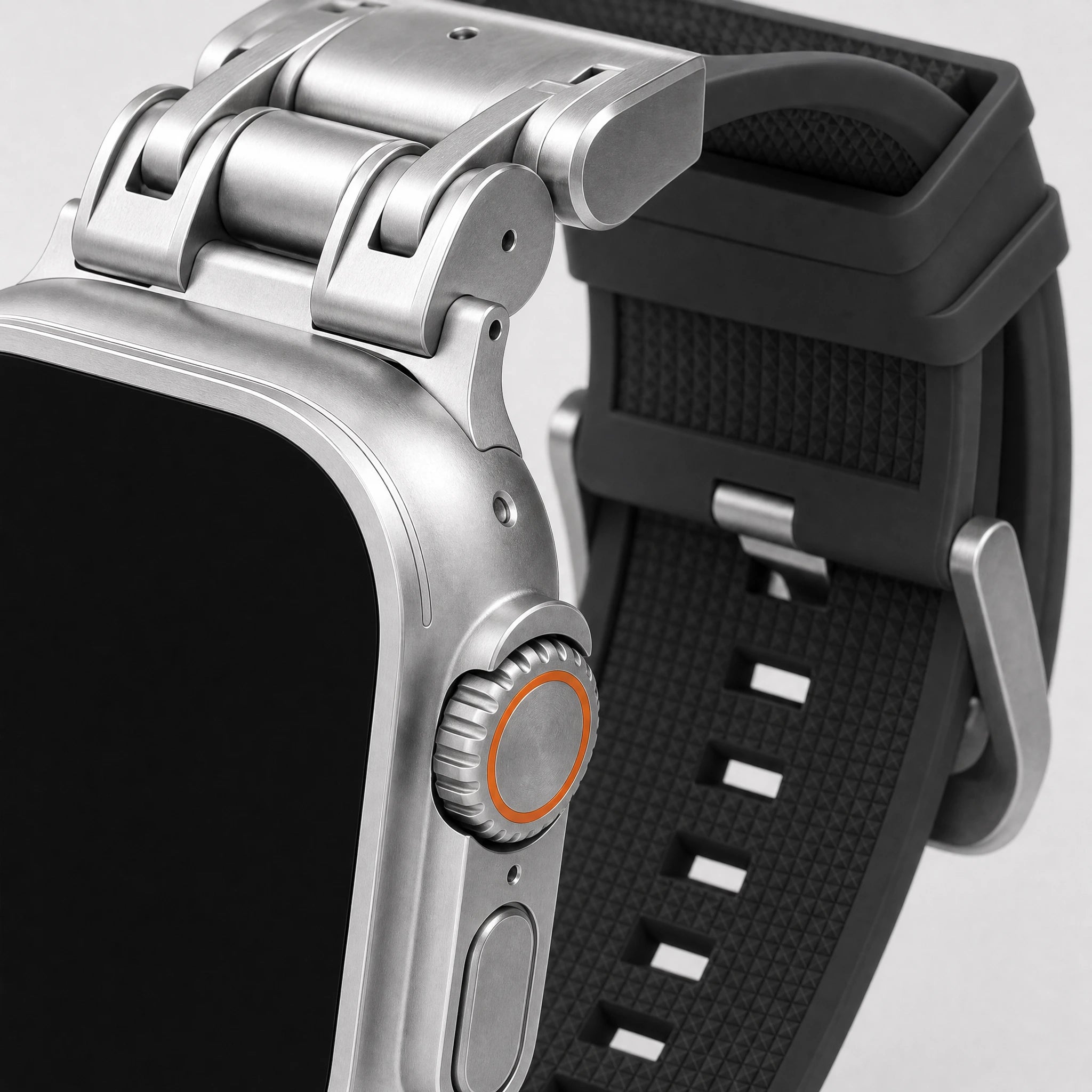 xstrape Rugged Metal Apple Watch Ultra Band with Black Silicone Strap