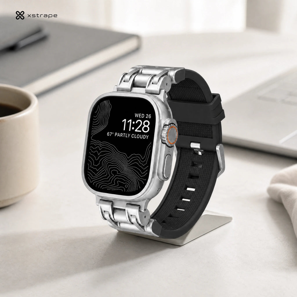 xstrape Rugged Metal Apple Watch Ultra Band with Black Silicone Strap