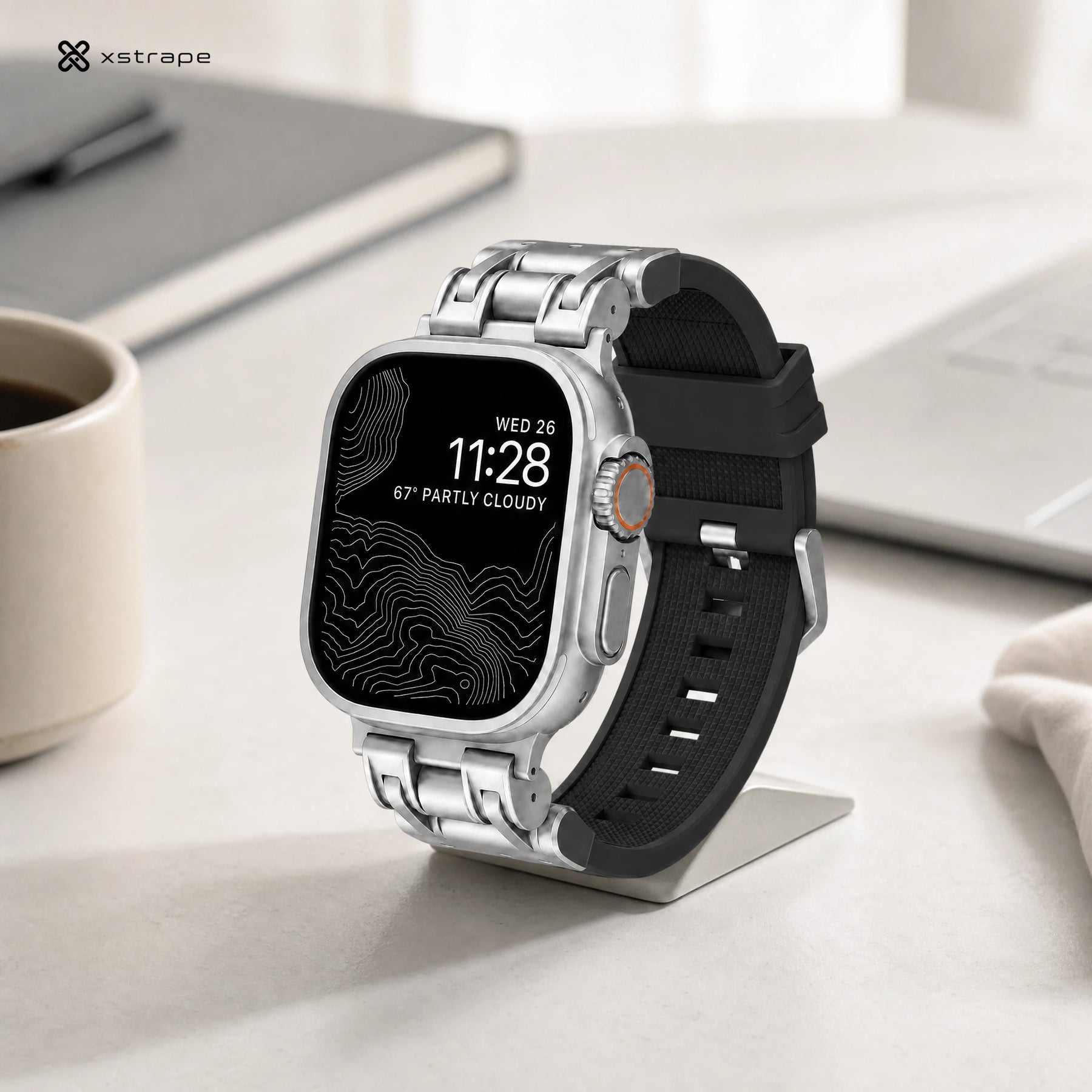 xstrape Rugged Metal Apple Watch Ultra Band with Black Silicone Strap