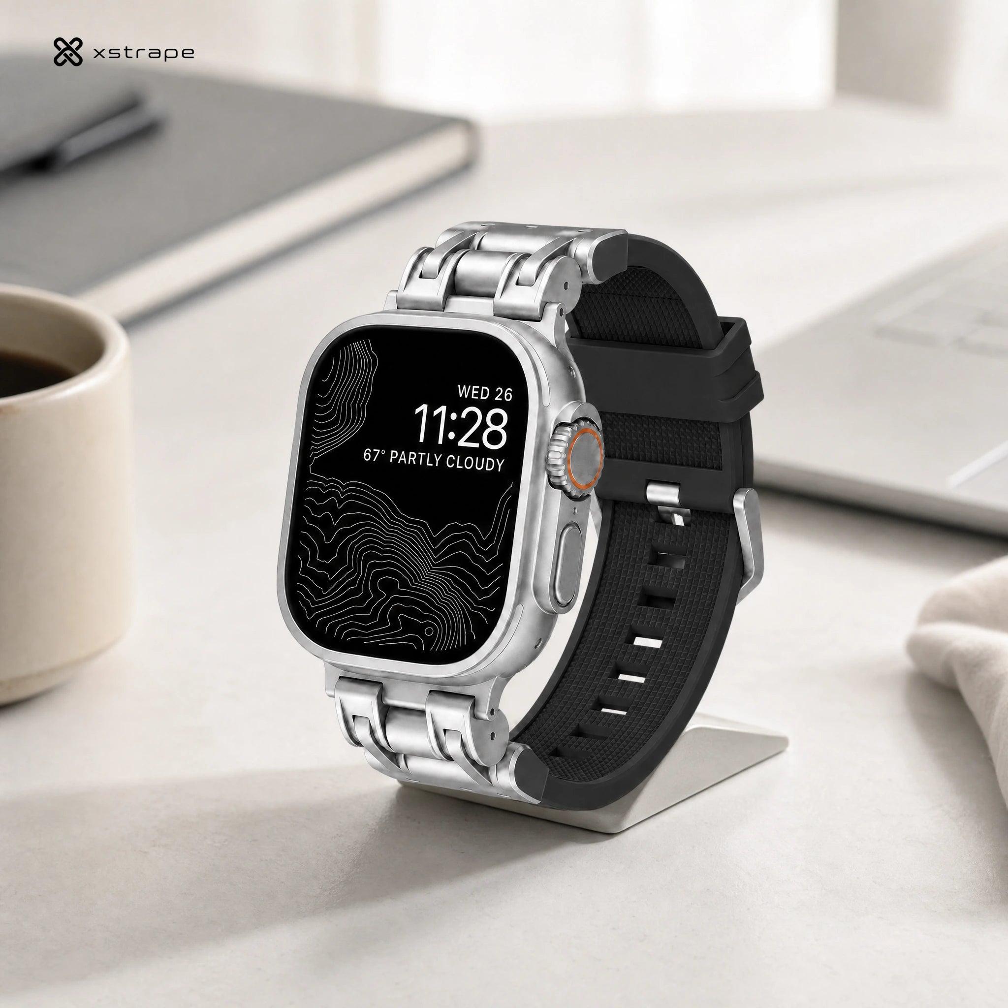 xstrape Rugged Metal Apple Watch Ultra Band with Black Silicone Strap