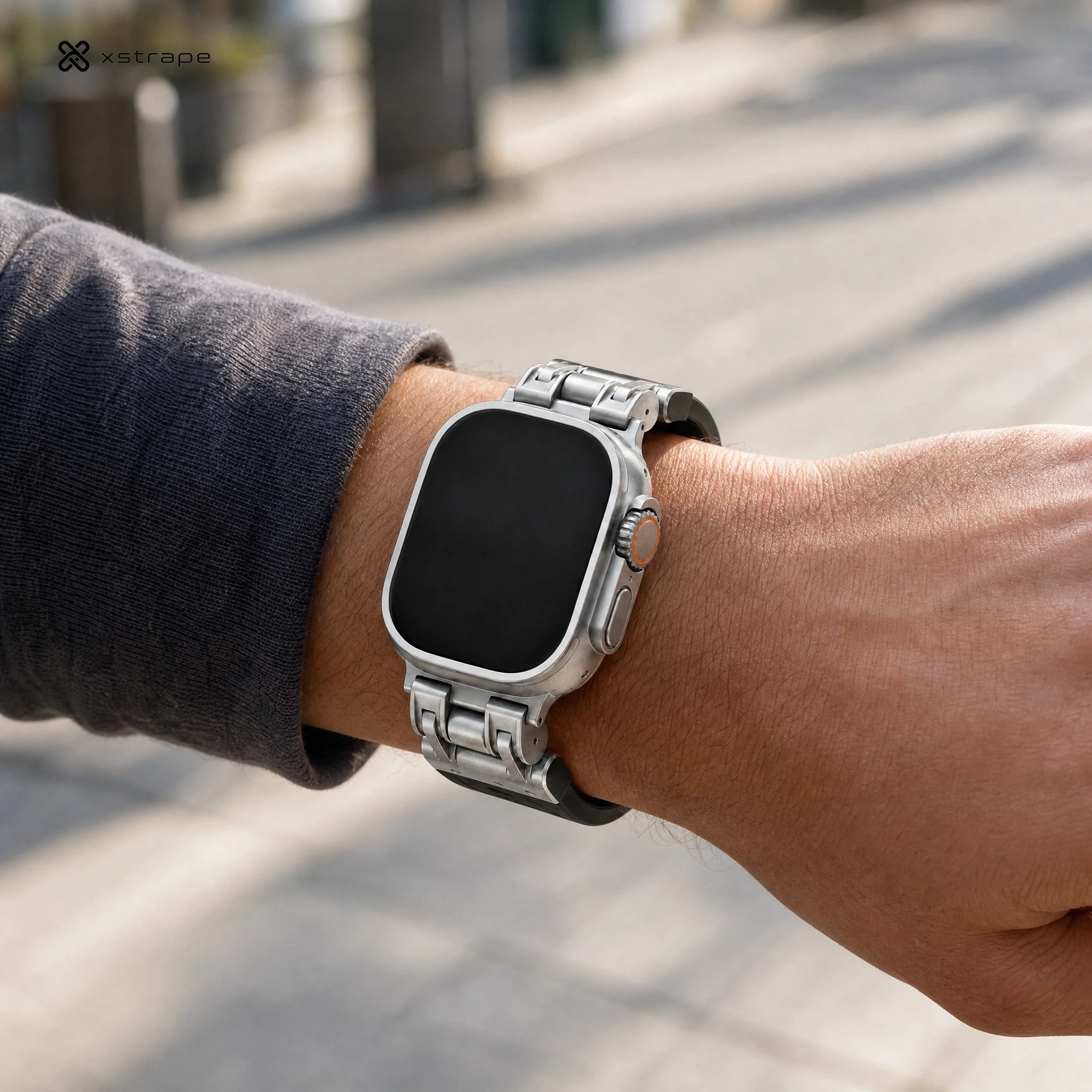 xstrape Rugged Metal Apple Watch Ultra Band with Black Silicone Strap