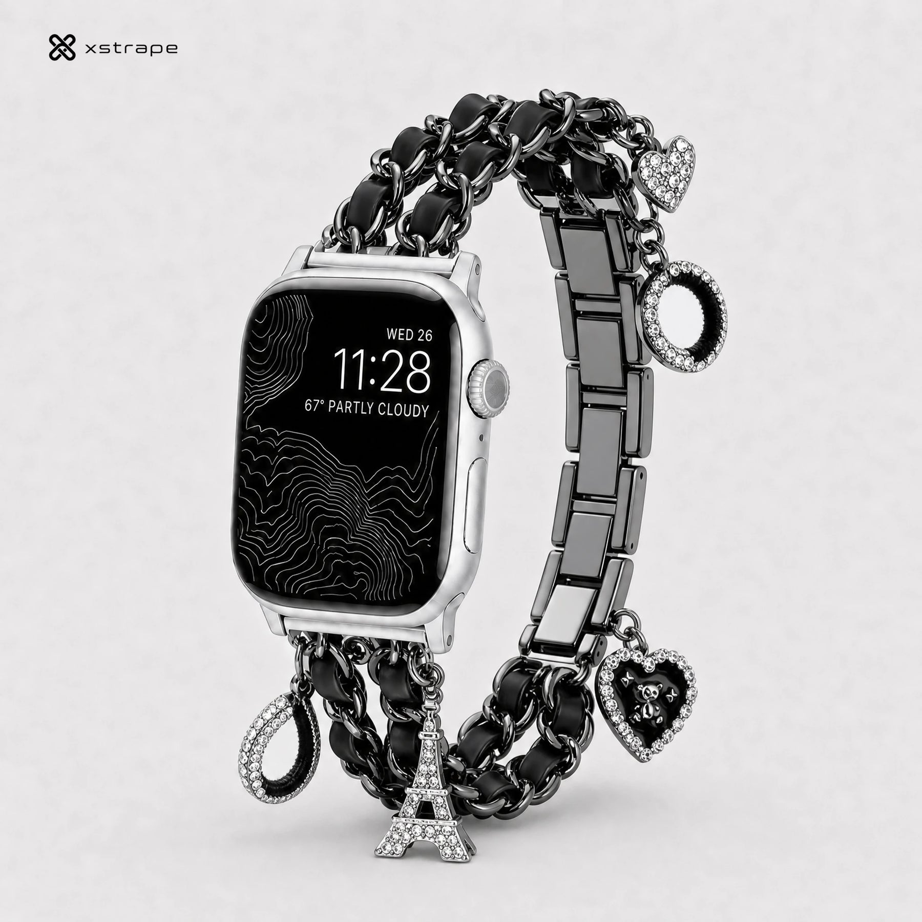 xstrape Luxury Black Chain Apple Watch Band with Rhinestone Heart & Eiffel Tower Charms