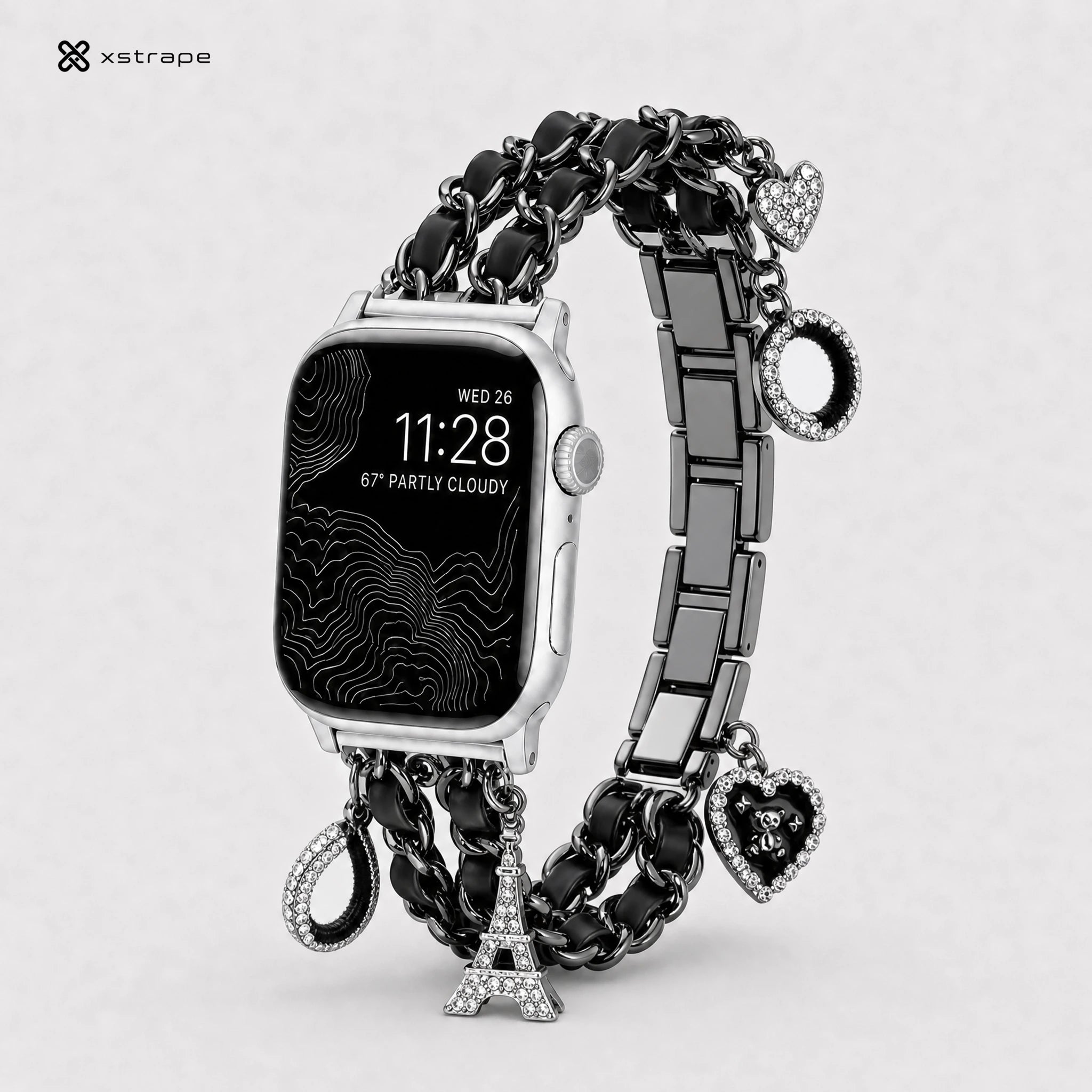 xstrape Luxury Black Chain Apple Watch Band with Rhinestone Heart & Eiffel Tower Charms