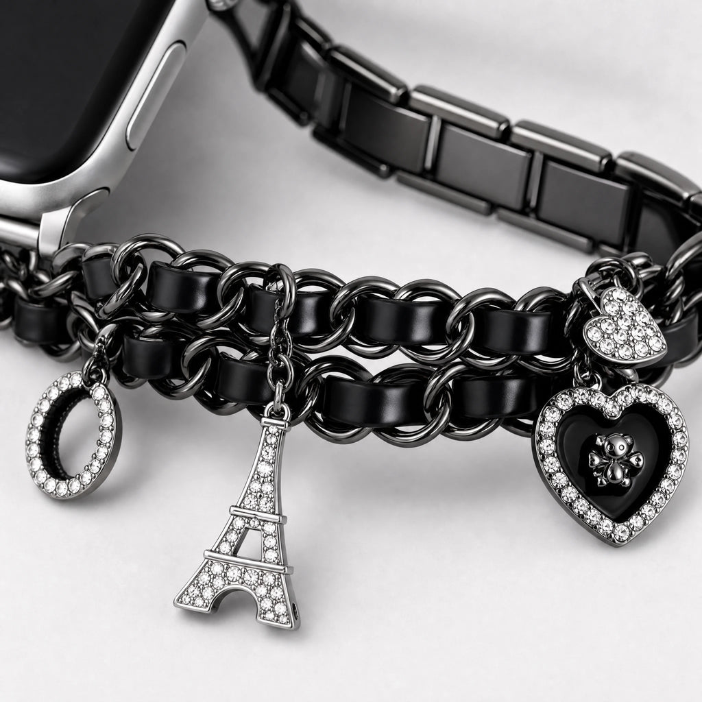 xstrape Luxury Black Chain Apple Watch Band with Rhinestone Heart & Eiffel Tower Charms