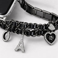 xstrape Luxury Black Chain Apple Watch Band with Rhinestone Heart & Eiffel Tower Charms