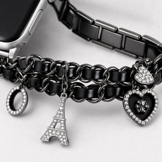 xstrape Luxury Black Chain Apple Watch Band with Rhinestone Heart & Eiffel Tower Charms