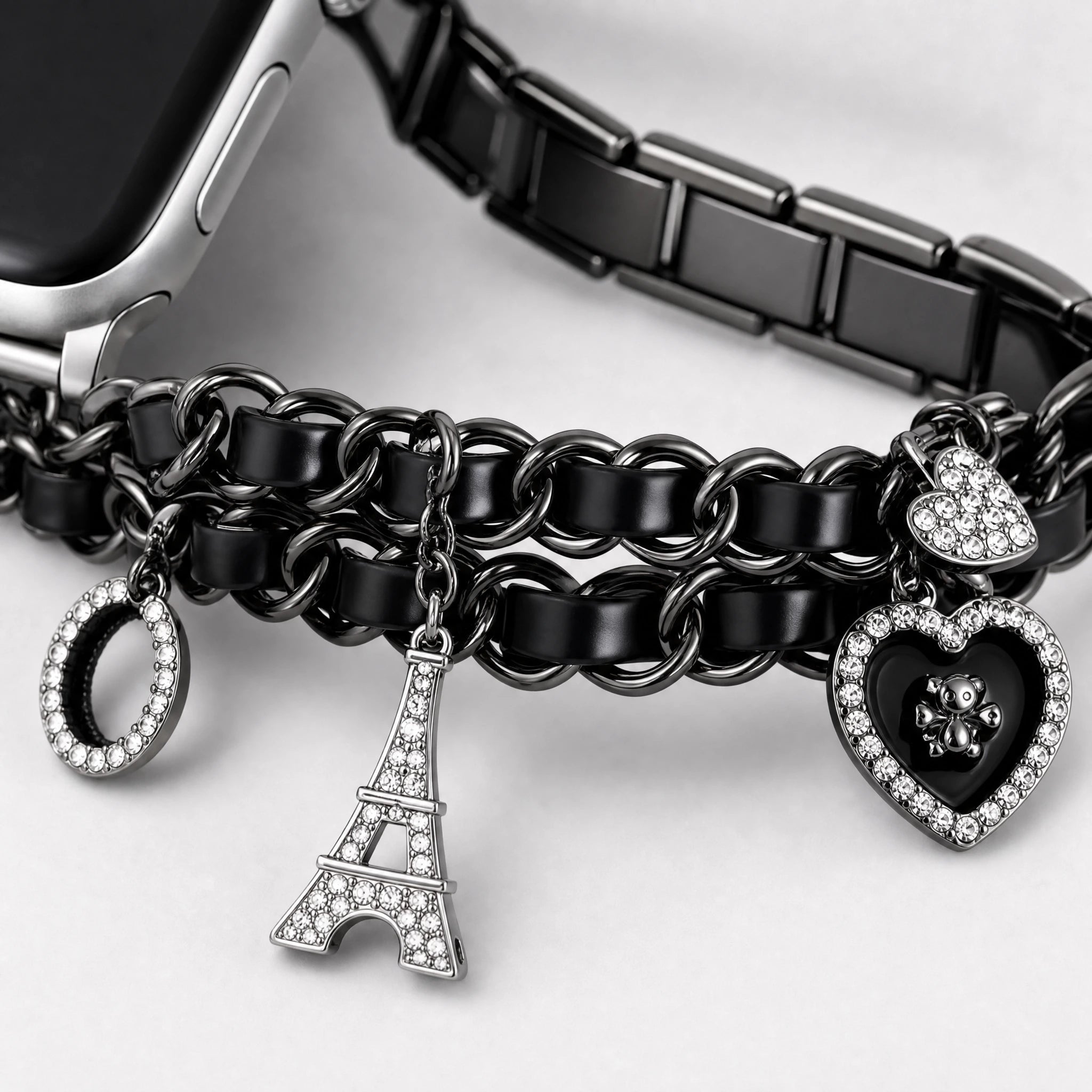 xstrape Luxury Black Chain Apple Watch Band with Rhinestone Heart & Eiffel Tower Charms