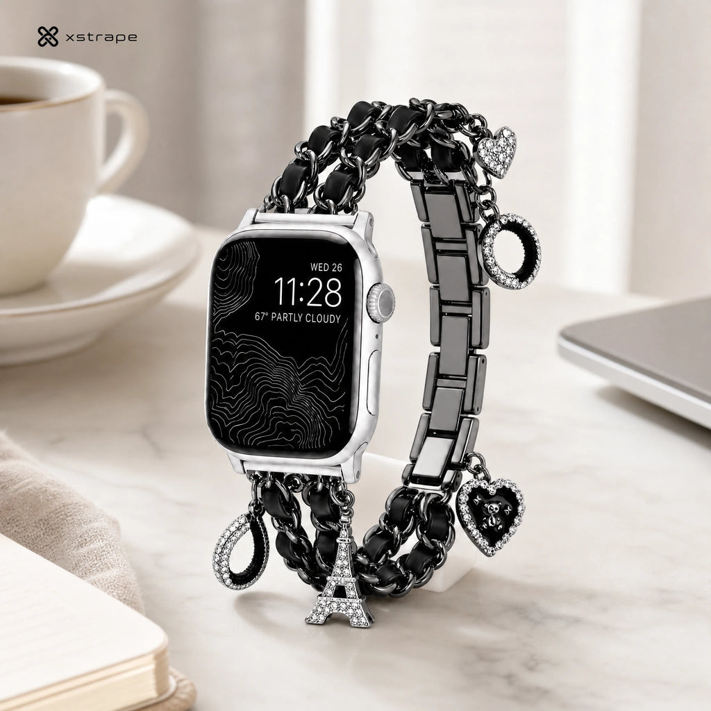 xstrape Luxury Black Chain Apple Watch Band with Rhinestone Heart & Eiffel Tower Charms