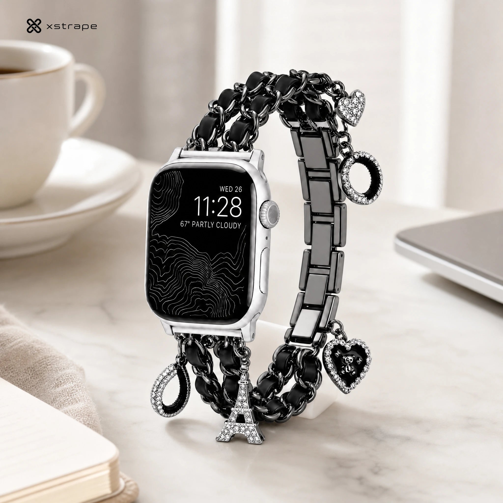 xstrape Luxury Black Chain Apple Watch Band with Rhinestone Heart & Eiffel Tower Charms