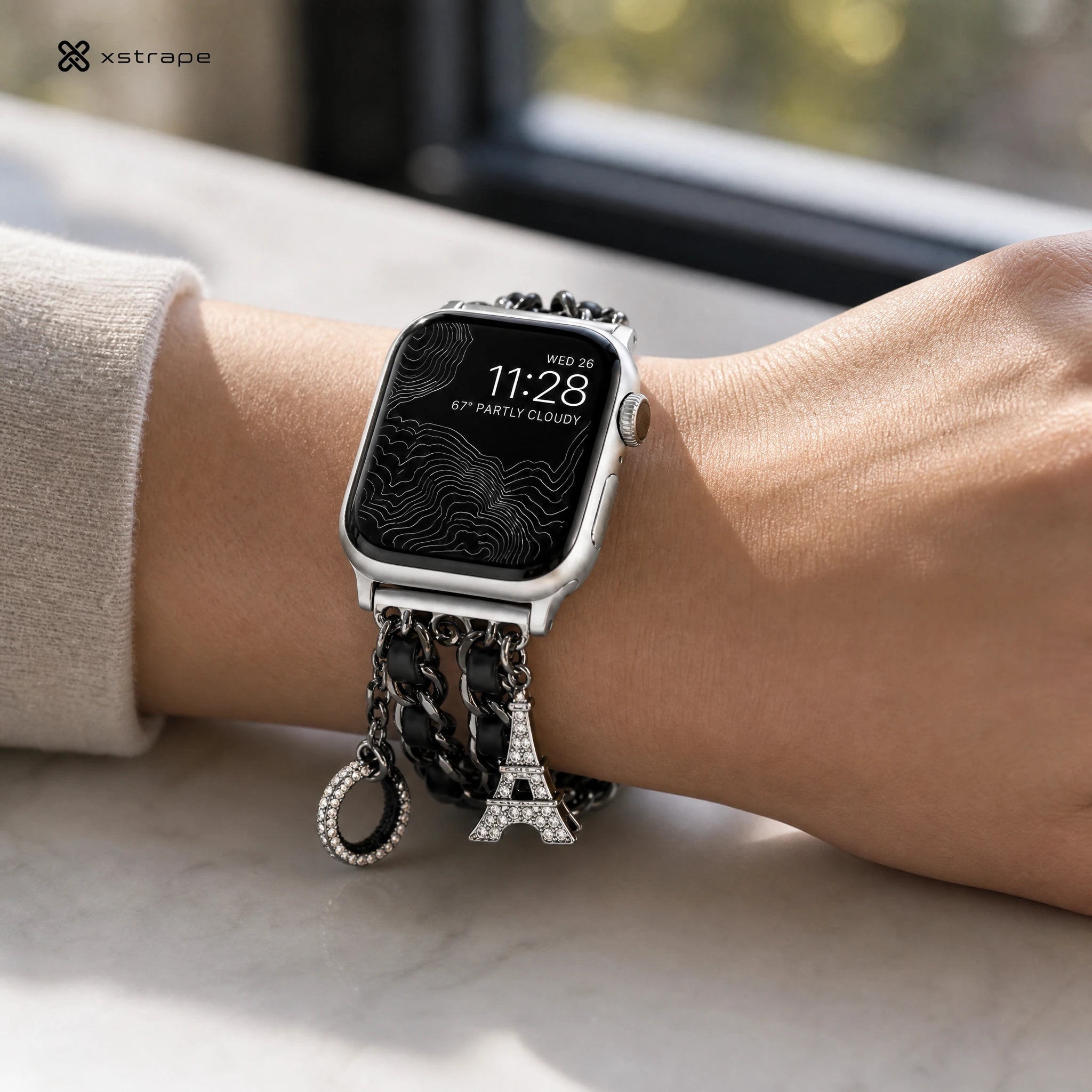 xstrape Luxury Black Chain Apple Watch Band with Rhinestone Heart & Eiffel Tower Charms