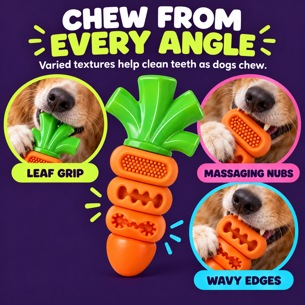 Dog chewing leaf grip massaging nubs and wavy edges