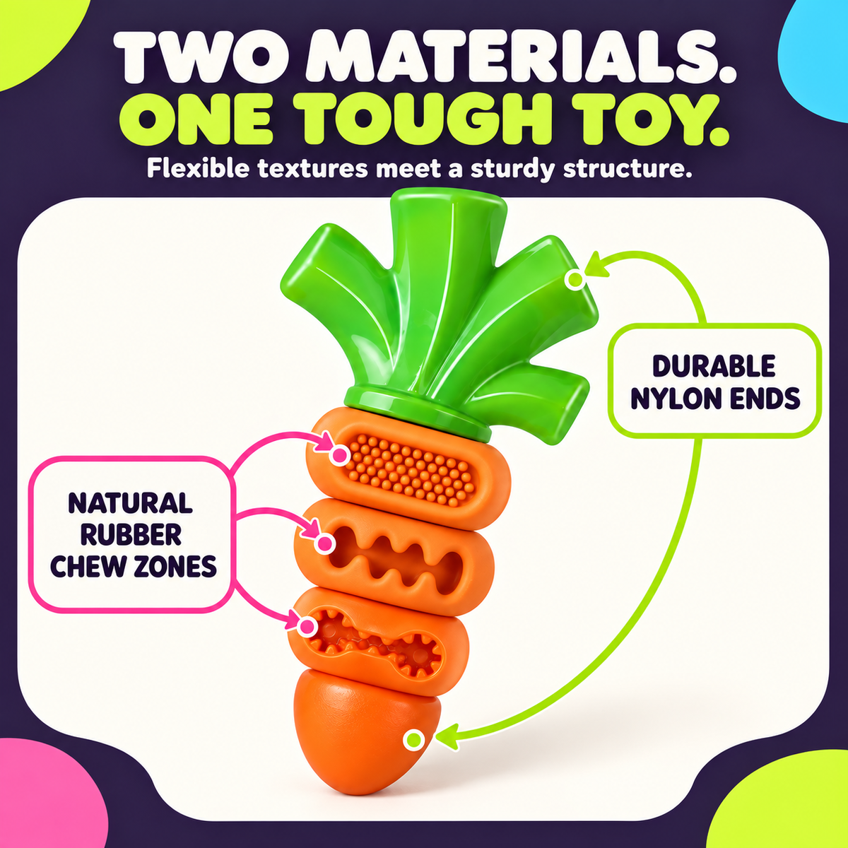 Natural rubber chew zones and durable nylon ends on carrot dog toy