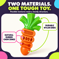 Natural rubber chew zones and durable nylon ends on carrot dog toy