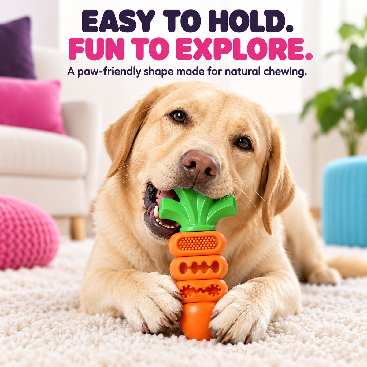 Labrador holding orange carrot dog toy between its paws