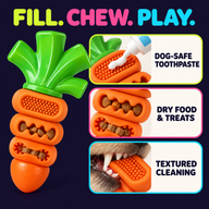 Stuffable orange dog chew toy with toothpaste food and textured zones