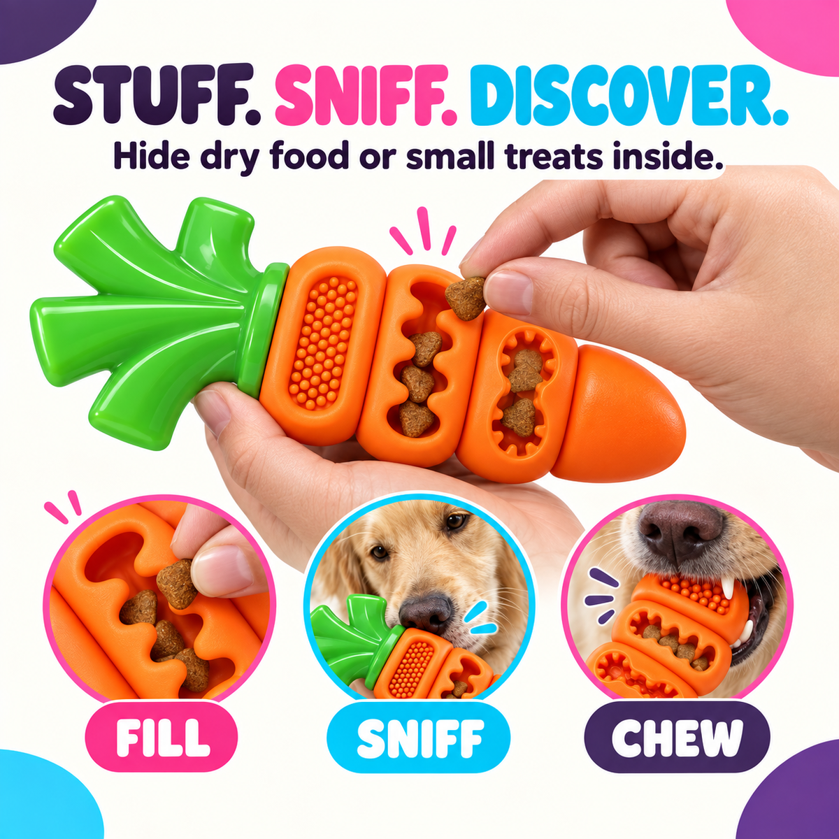 Dry dog food and treats inserted into carrot dog toy cavities
