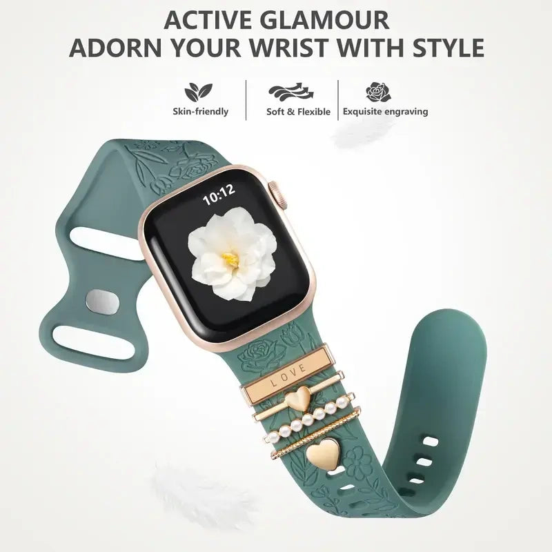 BROULIT Floral Engraved Silicone Band for Apple Watch – Soft Adjustable Strap with Decorative Charms, Stylish Women’s Watch Band Compatible with iWatch Series 11–1 & SE (38mm–42mm),back to school,back to school haul (main image)