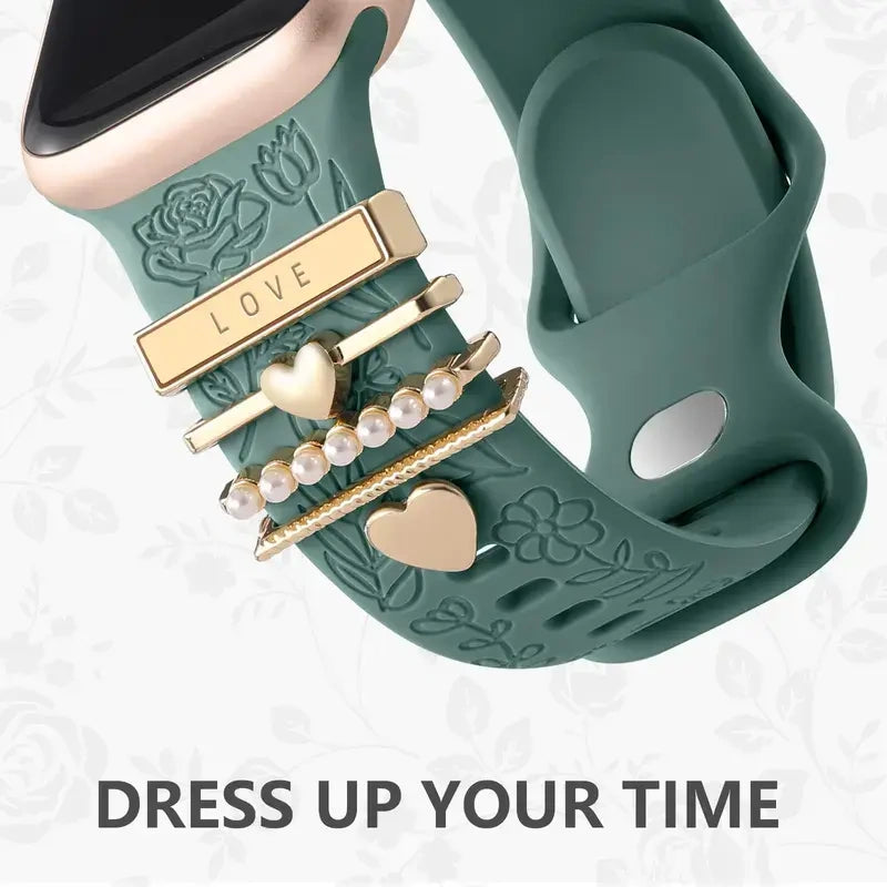 BROULIT Floral Engraved Silicone Band for Apple Watch – Soft Adjustable Strap with Decorative Charms, Stylish Women’s Watch Band Compatible with iWatch Series 11–1 & SE (38mm–42mm),back to school,back to school haul (main image)