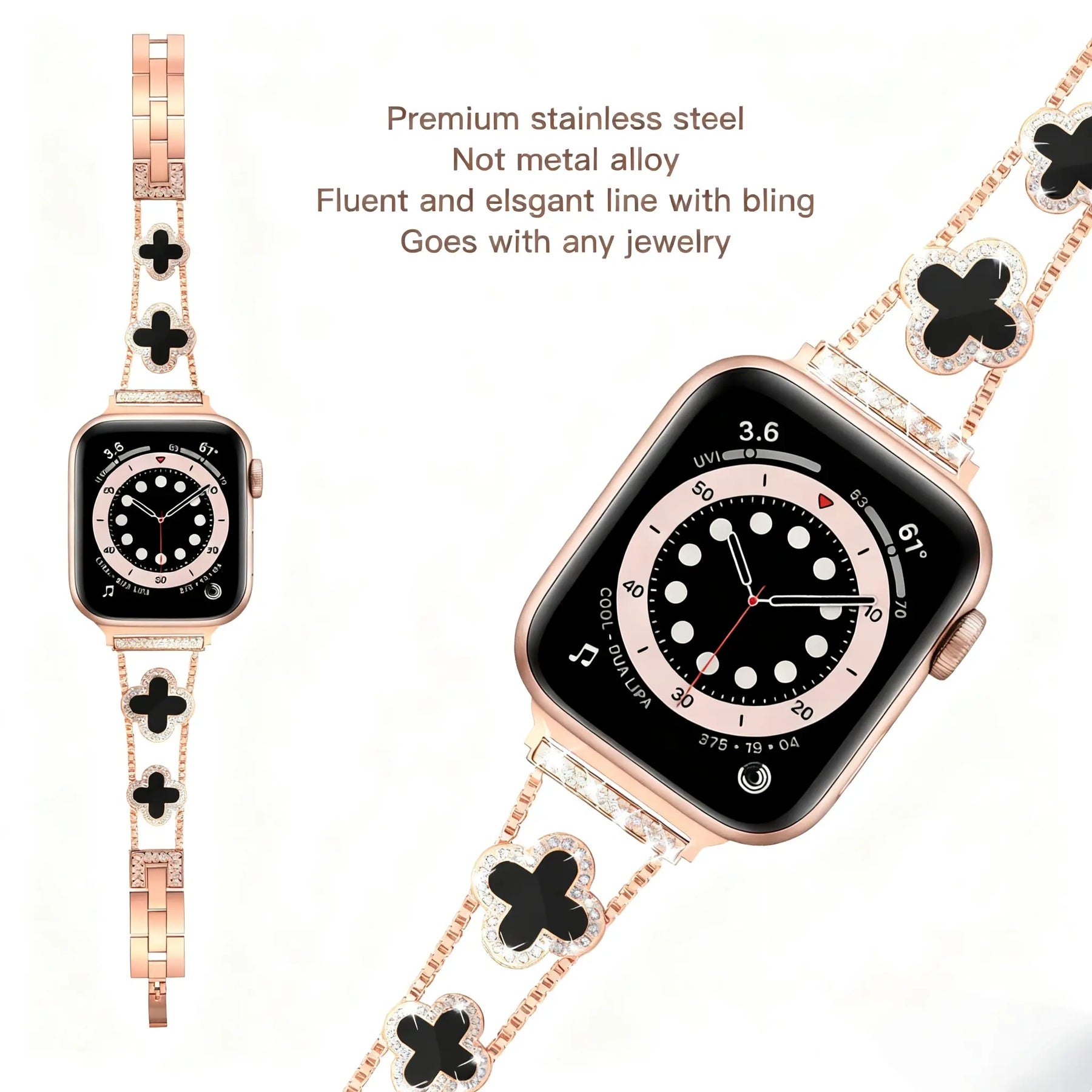 KALERI Black Shell Clover Slim Metal Bracelet for iWatch(Band Only) - Business & Dressy Strap, Compatible with Ultra 2/Ultra/Series 10-1/SE/SE2 (38-49mm) | For Women (Watch Not Included) (main image)
