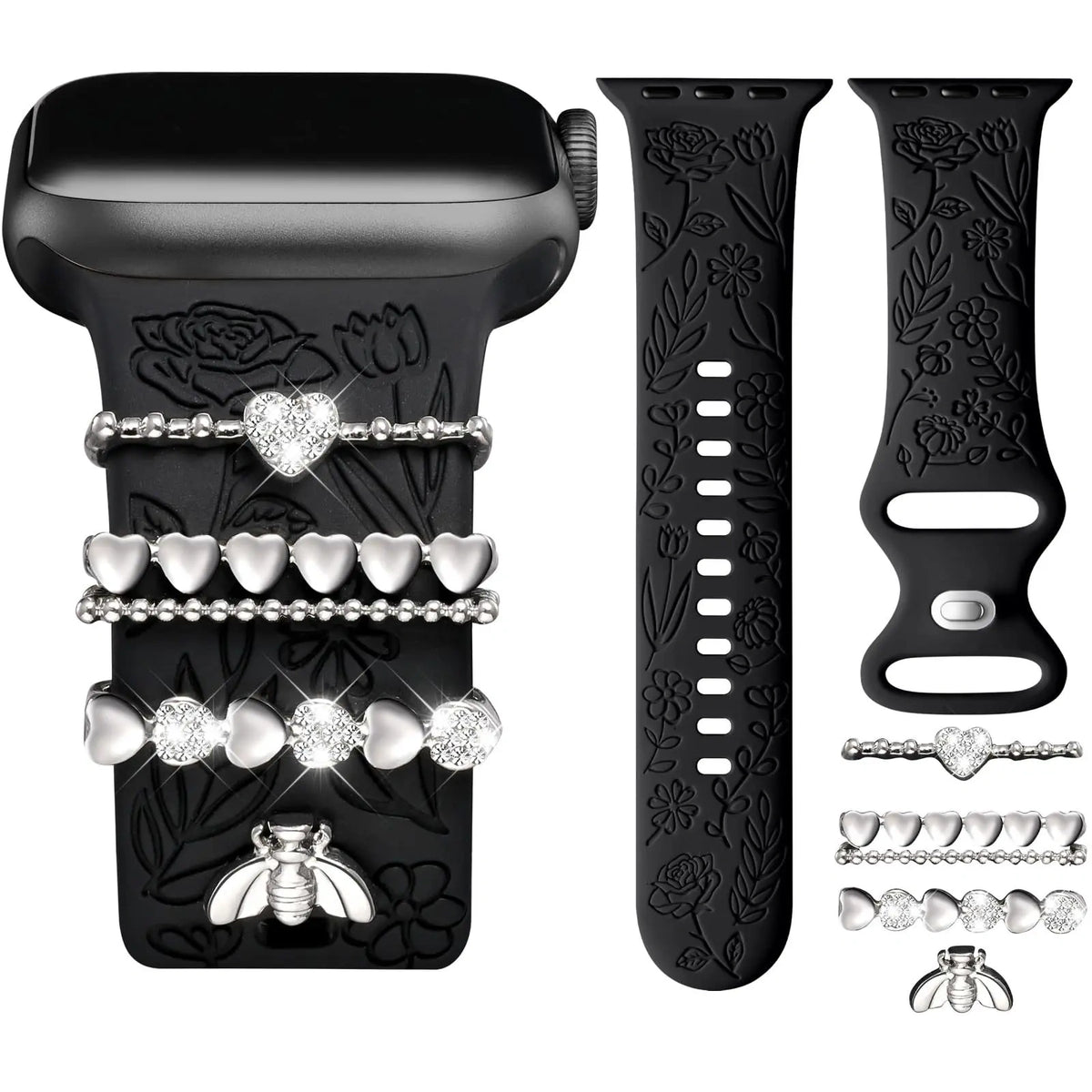 BROULIT Floral Engraved Silicone Band for Apple Watch – Soft Adjustable Strap with Decorative Charms, Stylish Women’s Watch Band Compatible with iWatch Series 11–1 & SE (38mm–42mm),back to school,back to school haul - Color Black (variant image)