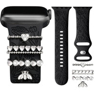 BROULIT Floral Engraved Silicone Band for Apple Watch – Soft Adjustable Strap with Decorative Charms, Stylish Women’s Watch Band Compatible with iWatch Series 11–1 & SE (38mm–42mm),back to school,back to school haul - Color Black (variant image)
