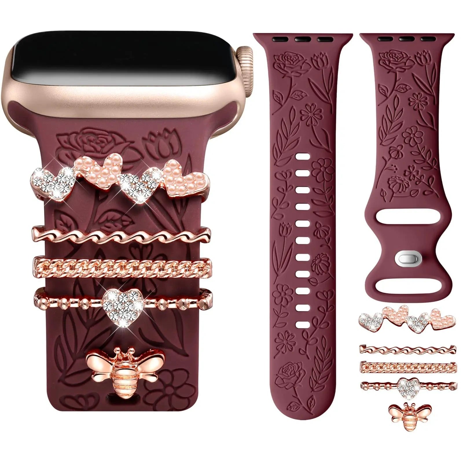 BROULIT Floral Engraved Silicone Band for Apple Watch – Soft Adjustable Strap with Decorative Charms, Stylish Women’s Watch Band Compatible with iWatch Series 11–1 & SE (38mm–42mm),back to school,back to school haul - Color Burgundy (variant image)