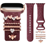 BROULIT Floral Engraved Silicone Band for Apple Watch – Soft Adjustable Strap with Decorative Charms, Stylish Women’s Watch Band Compatible with iWatch Series 11–1 & SE (38mm–42mm),back to school,back to school haul - Color Burgundy (variant image)